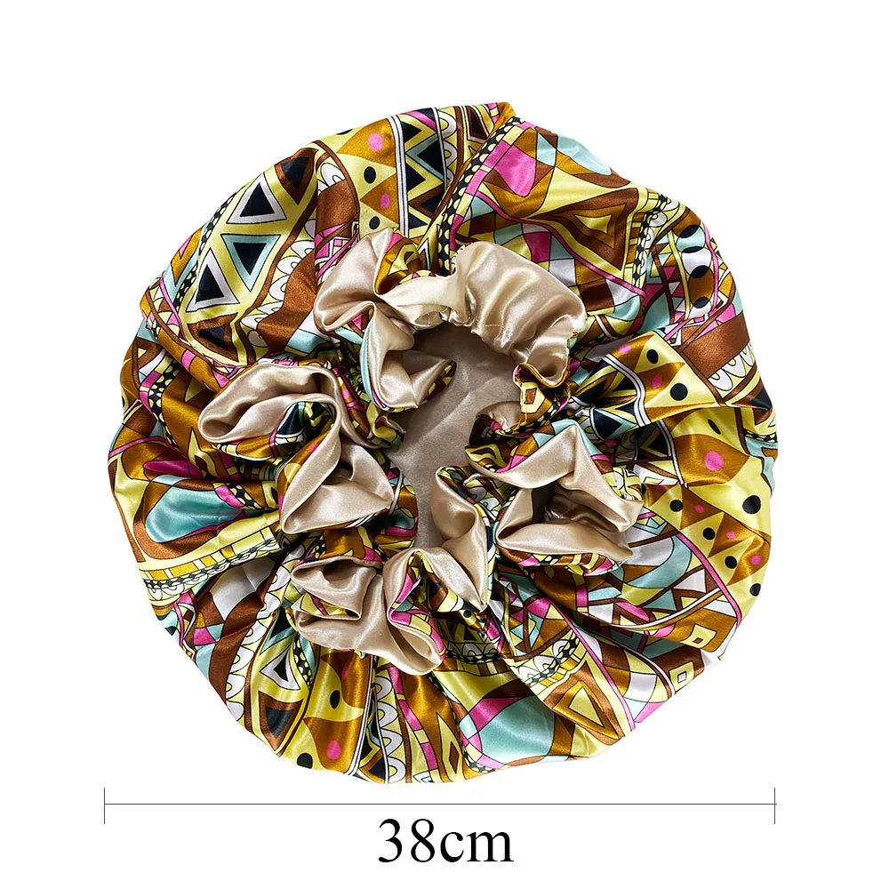 Women Satin Bonnet Cap Double Layer Silky Big Bonnet for Lady Printing Sleep Cap Head Wrap 3