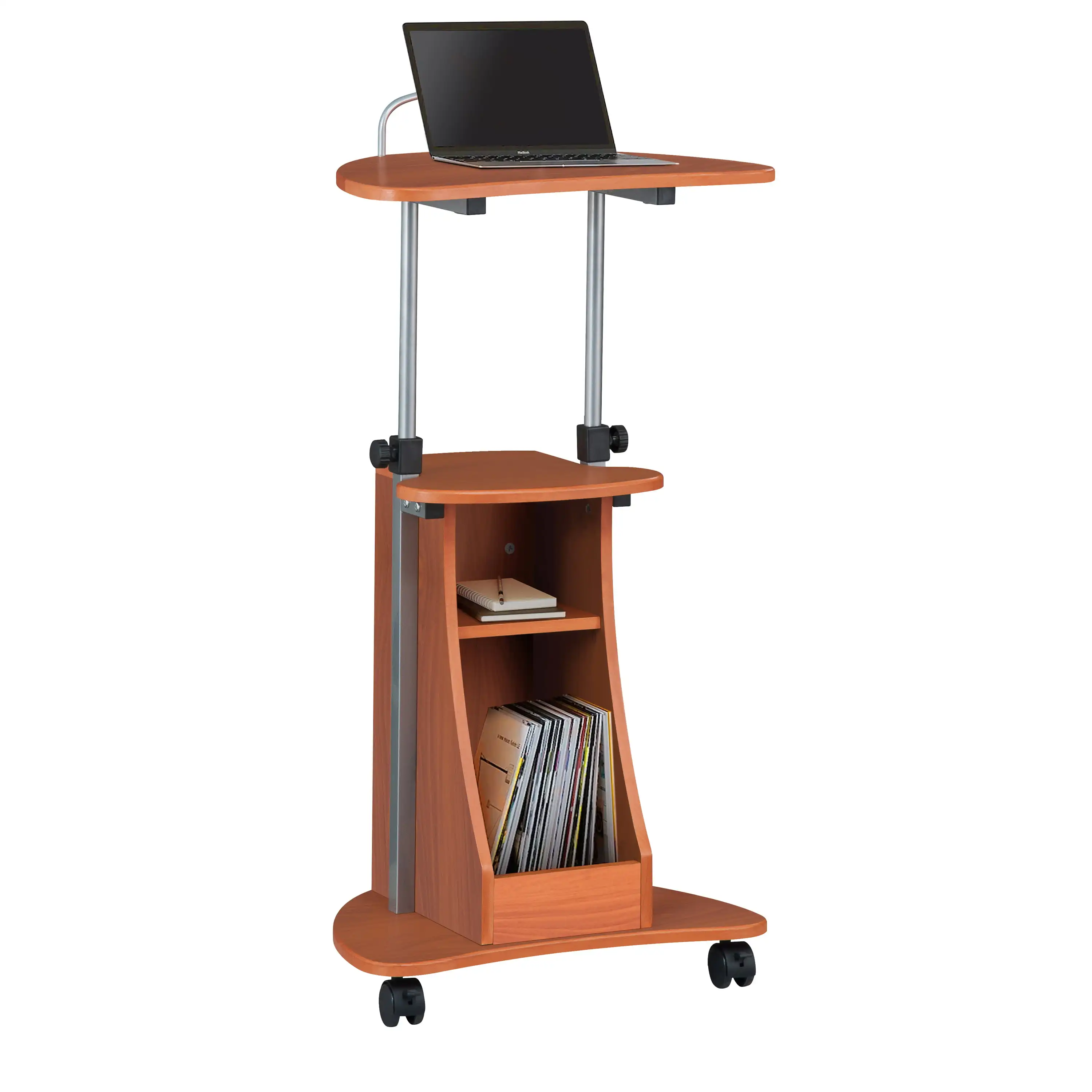 Sit-to-Stand Rolling Adjustable Height Laptop Cart With Storage, Woodgrain customized height adjustable patient standl and rolling medical tablet cart