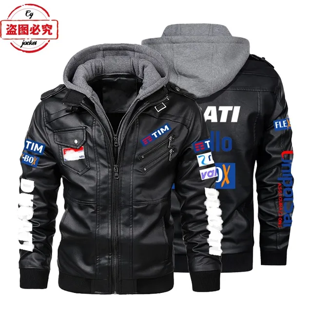 Printed motorcycle LOGO retro washed pu leather jacket windproof men's hooded jacket team suit leather jacket