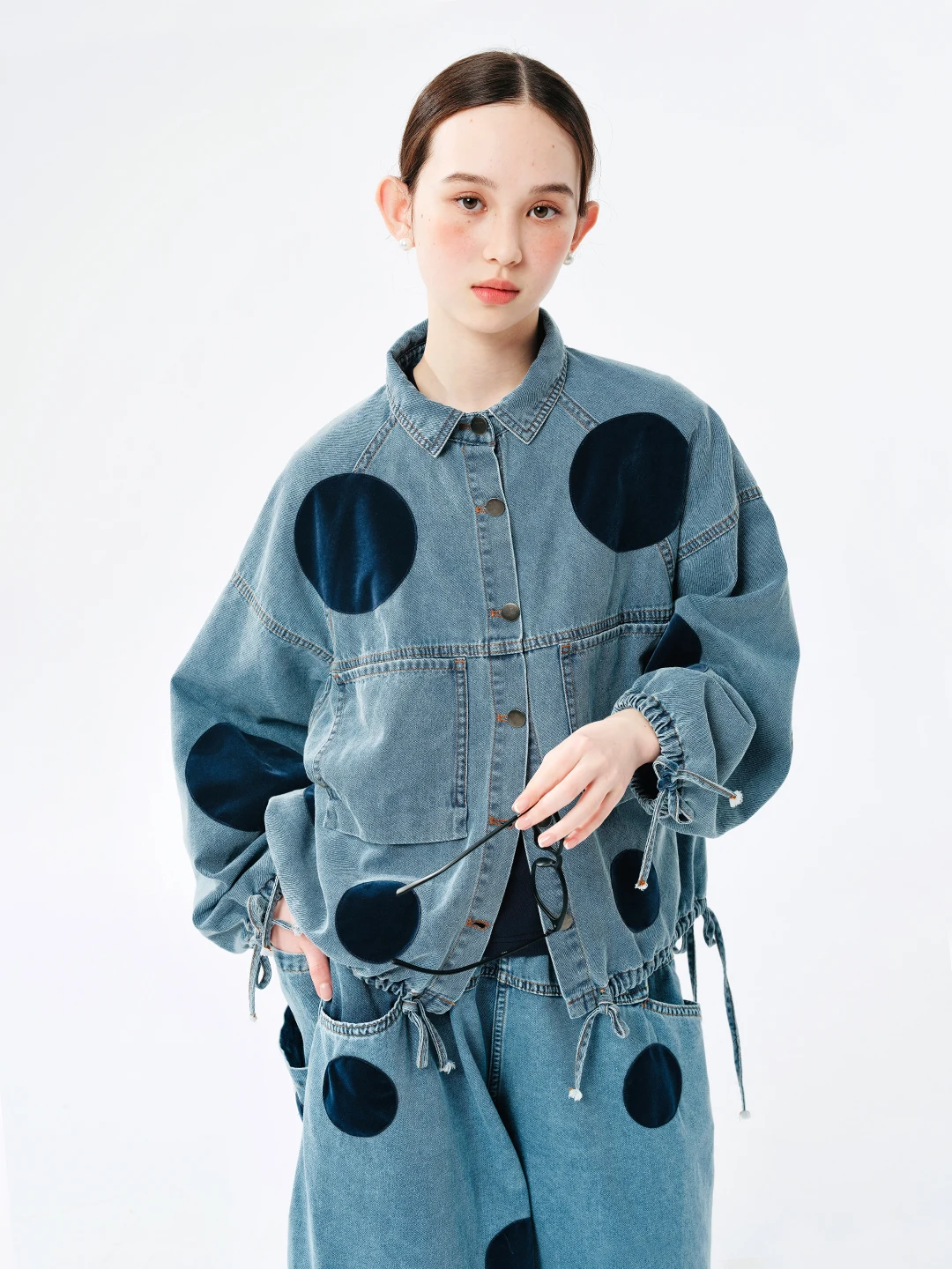 

IMAKOKONI original design lapel single-breasted denim blue polka dot long-sleeved jacket top women 244513