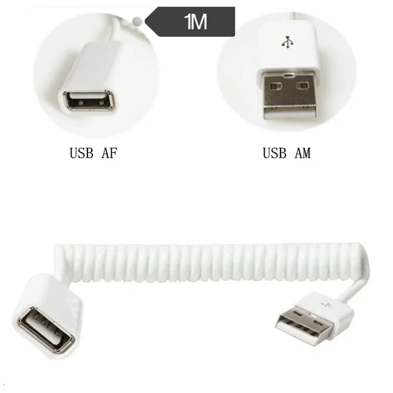Coiled USB 2.0 Extension Cable - Male to Female, 1M/3.2Ft, Spring Design