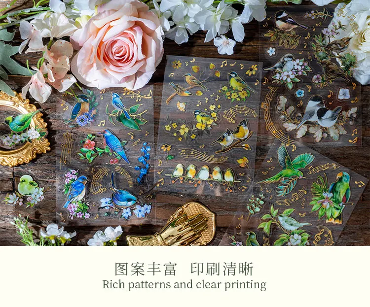 2 pcs/lot Bronzing Flowers birds flat Stickers colorful bird Decorative sticker Diy Scrapbooking material Craft Supplies