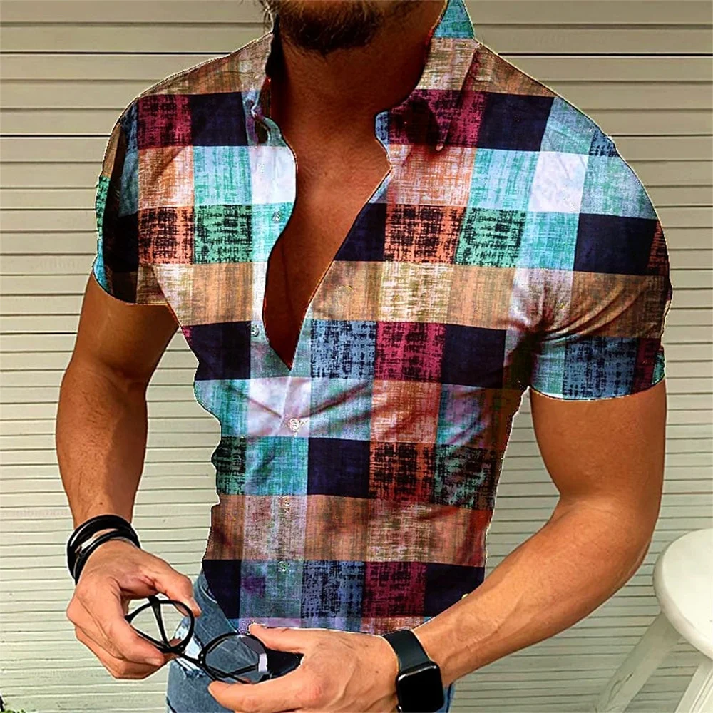 Men's retro plaid short sleeved flip collar printed shirt for street leisure and high-quality vacation designer clothing 6