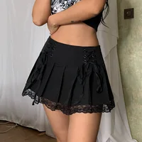 Girl Retro Pleated Skirt Lace Up High Waist Plaid Mesh Stitching Hem Y2K Aesthetic Gothic Black Mini Skirts Bodycon - Image 2