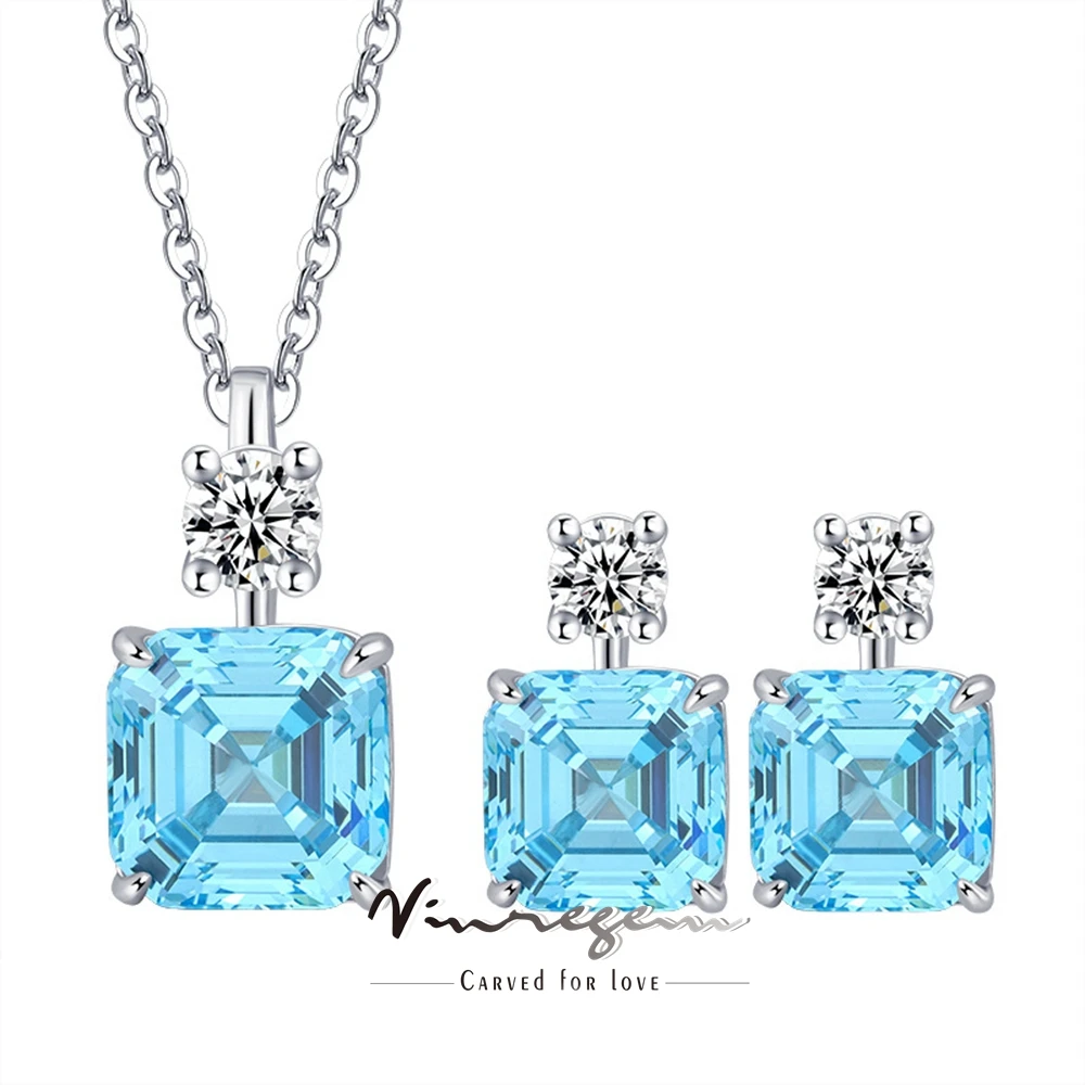 

Vinregem 100% 925 Sterling Silver Asscher Cut Aquamarine Citrine Gemstone Necklaces/Earrings Jewelry Sets Gifts Drop Shipping