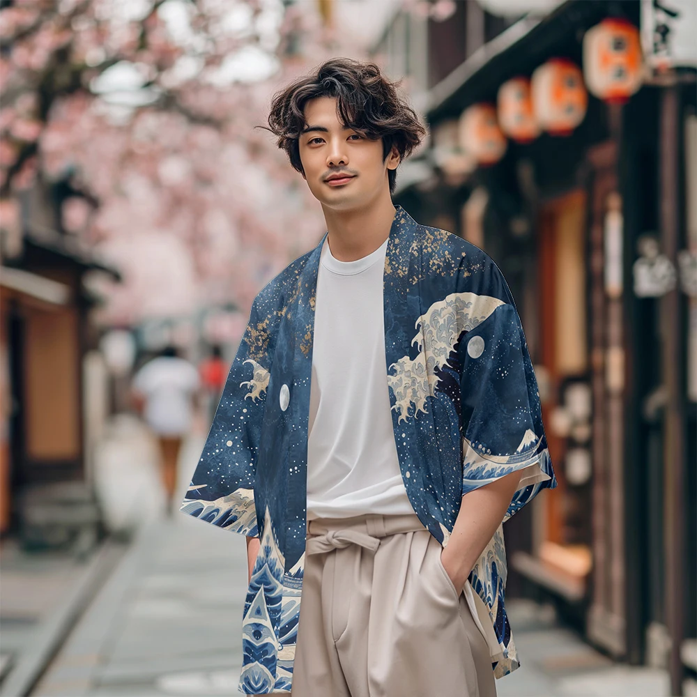 Japanese Kimono Cardigan Summer Samurai Kimono Men Cosplay Stylish Wave Print Haori Streetwear Japanese Fashion Yukata Vintage Cardigan Robe