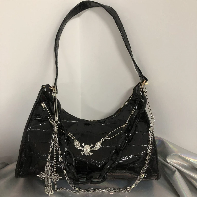Gothic Dark Punk Underarm Bag With Skull Shoulder Bag Y2k Chain