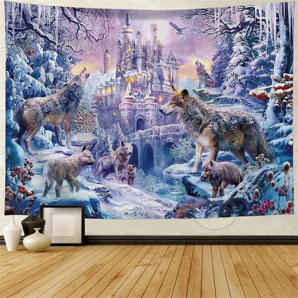 Family Wolf Wall Hanging Tapestry Animals Moon Tarot Room Decor Art Poster Bedroom Decoration Party Backdrop