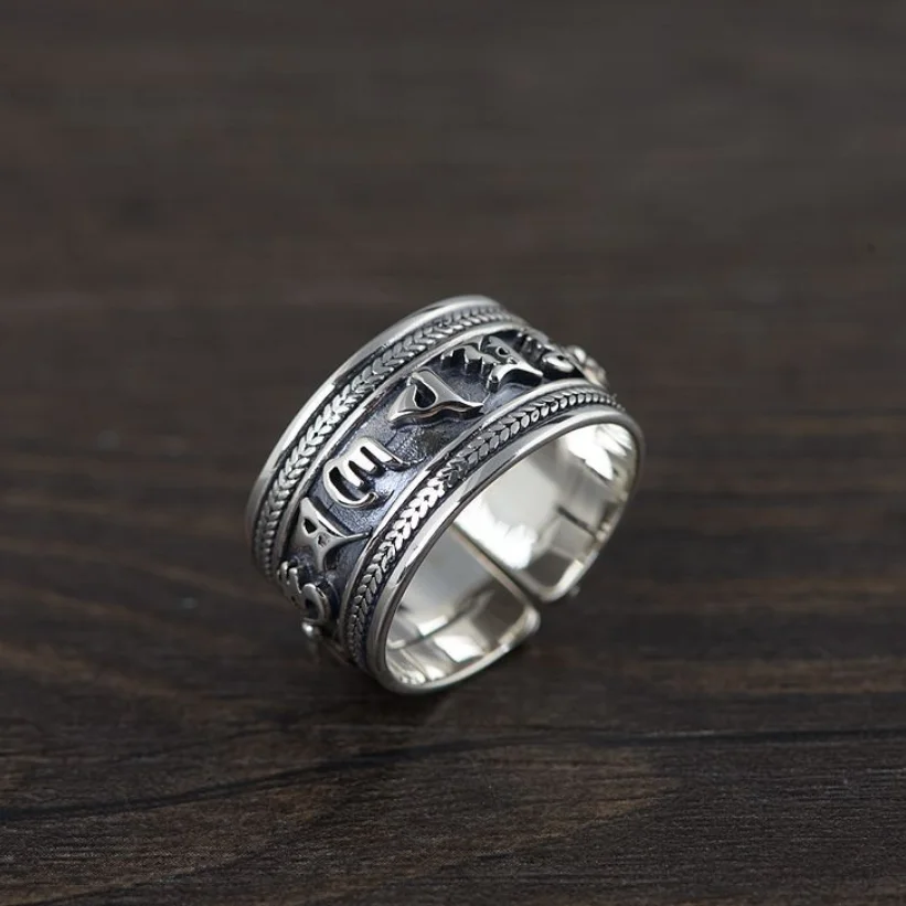 

Мужское серебряное кольцо Unibabe, Открытое кольцо в стиле ретро с шестью персонажами из стерлингового серебра S925 кольцо Vajra