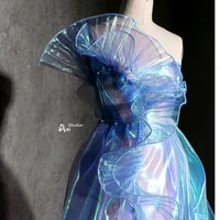 1 Yard Blue Lace Fabric Pleated Mermaid Effect Laser Neon Luster For Women Dress 15CM Wide 6