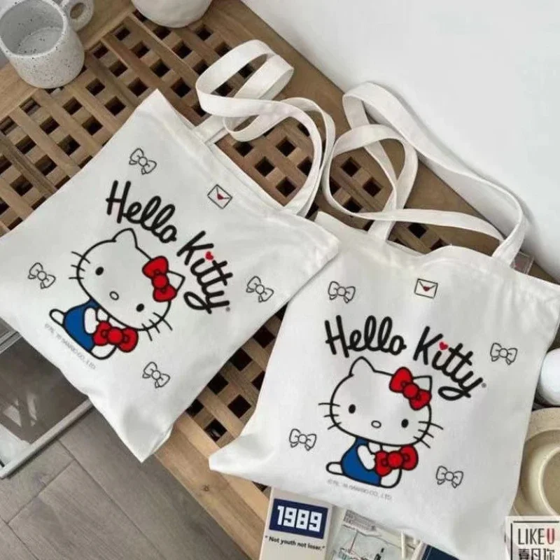 Hello Kitty Cute Canvas Bag 35*40Cm Simple Kitty Large Capacity Student Class Book Tutoring Bag Handbag Gift