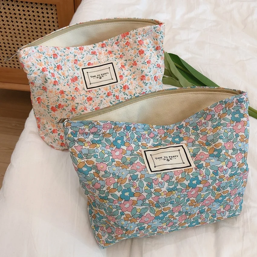 Floral Makeup Bag For Women Large Cotton Fabric Cosmetic Bag Travel Toilet Beauty Case Necesserie Storage Organizer Pouch Clutch