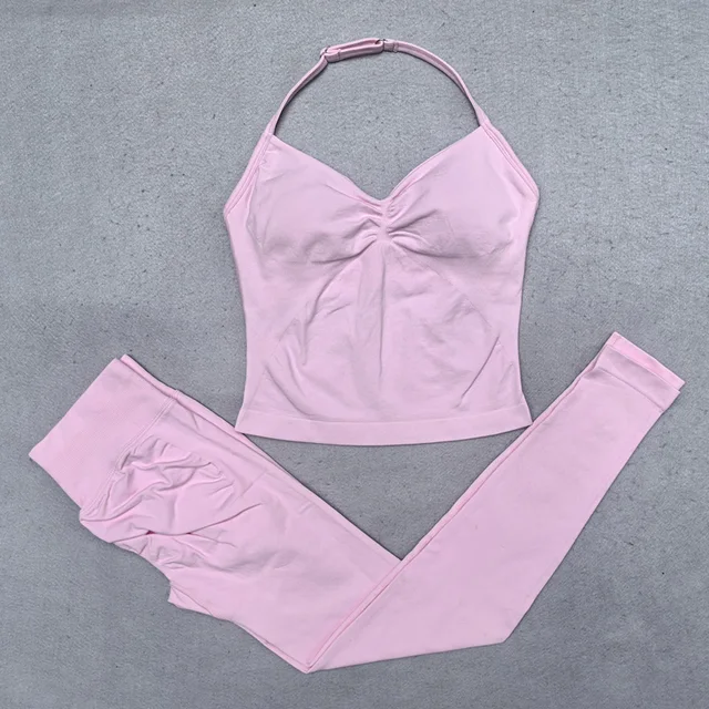 Seamless Yoga Set Women 2Pcs Padded Halter Tank Top Scrunch Butt Lifting Gym Leggings Set Woman Sportswear Workout Clothes 3
