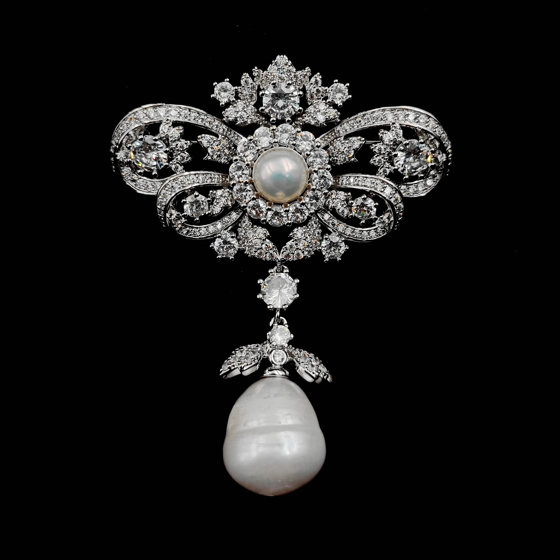 Queen Vintage Silver Tone Double Ribbon Bow & Imitated Baroque Pearl Drop Brooches Pins Edwardian Wedding Bridal Guest Accessory