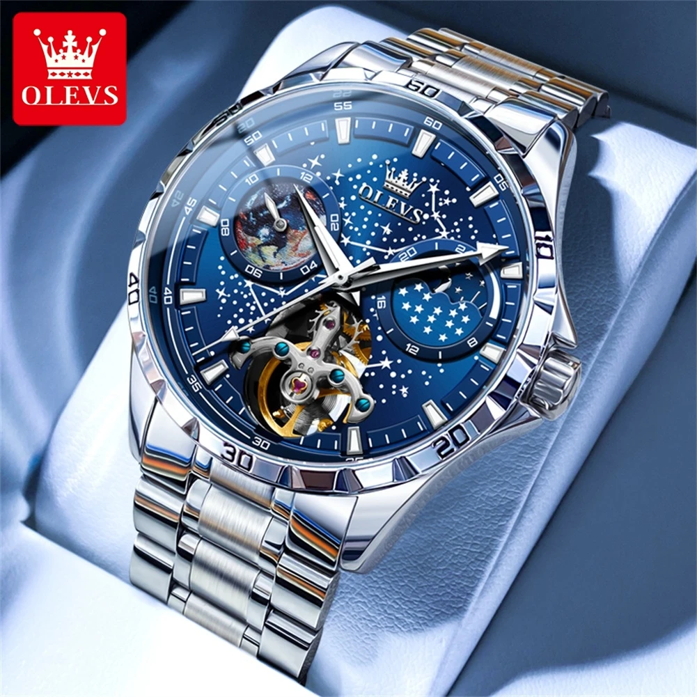 

OLEVS 6689 Starry Sky Original Mechanical Watch For Men 42mm Big Dial Luxury Waterproof Man Watches Hollow Moon Phase Watch