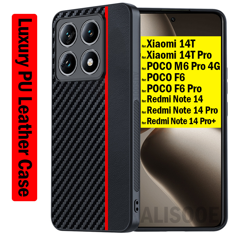 Shockproof Funda for Xiaomi 14T Pro POCO F6 M6 Pro Case Fiber Texture PU-Leather Cover for Redmi Note 13 14 Pro Plus K70E Capa