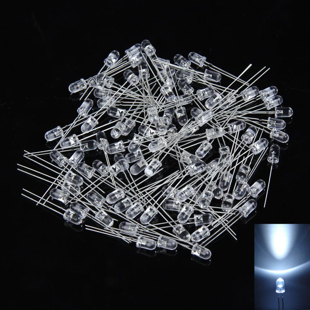 100Pcs 5mm LED 조명 램프 스루홀 15000MCD 라운드 LED 조명 흰색 전구 램프 전자 부품 조명 키트