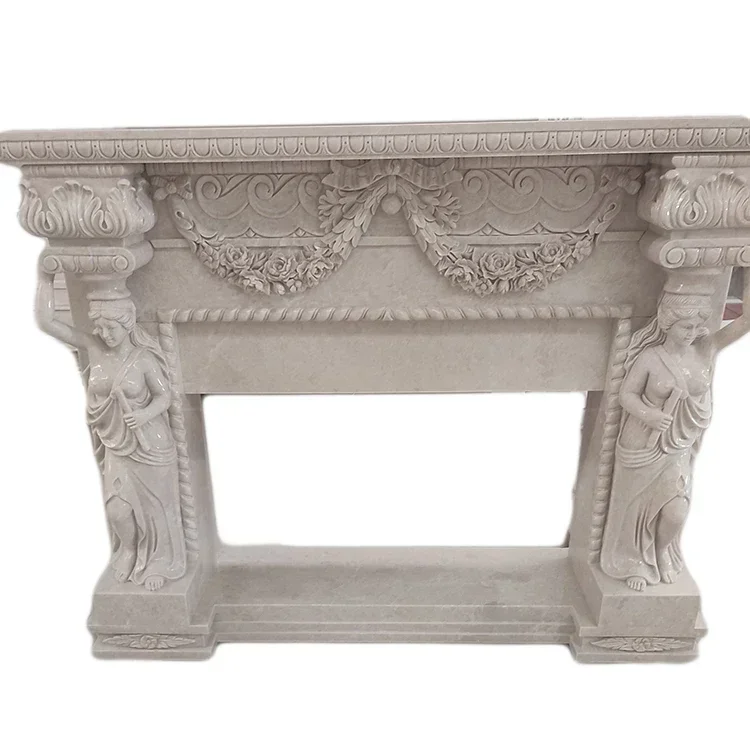Marble Fireplace SetModern Luxury Indoor Beige Marble Stone Fireplace Frame Mantel Surround For Home Decor