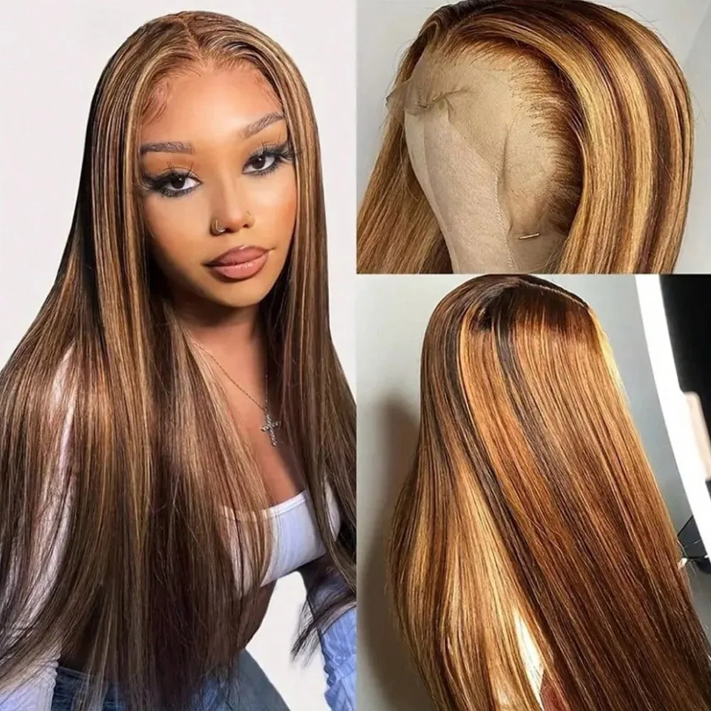30 Inch Highlight Ombre Lace Front Wig Human Hair 13x4 Honey Blonde Straight Lace Front Wigs Human Hair Pre Plucked 200% Density