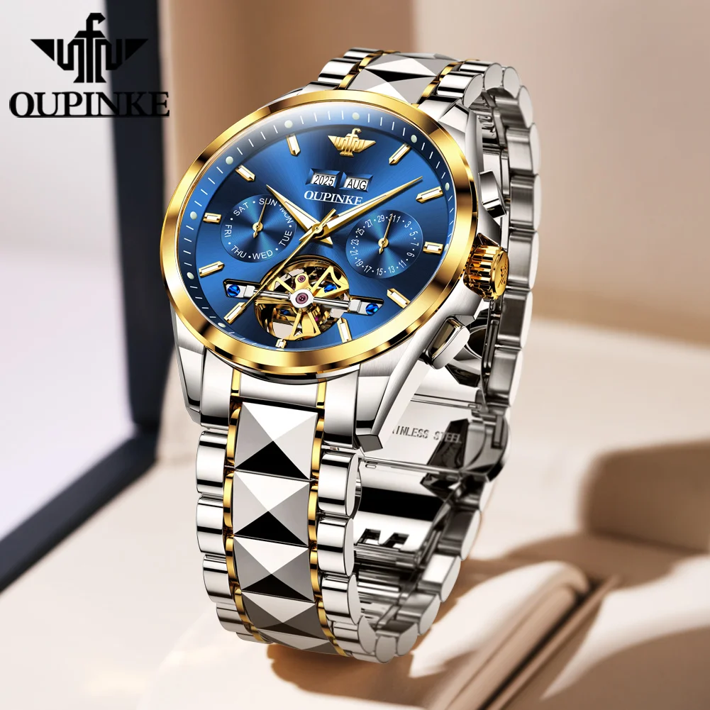 OUPINKE 3290 Automatic Man Watch Hollow Skeleton Business Mechanical Watch For Men Week Date Display Waterproof Men's Wristwatch