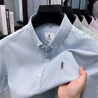 Chemise à manches courtes pour hommes, marque de luxe de qualité, 100 coton, revers cheval brodé, chemise à rayures, nouvelle mode d'été, vêtements de bureau 2