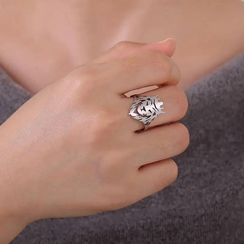 Bague Tête D’animal – Chien, Loup, Renard – Acier Inoxydable, Taille Ajustable, Cadeau Femme
