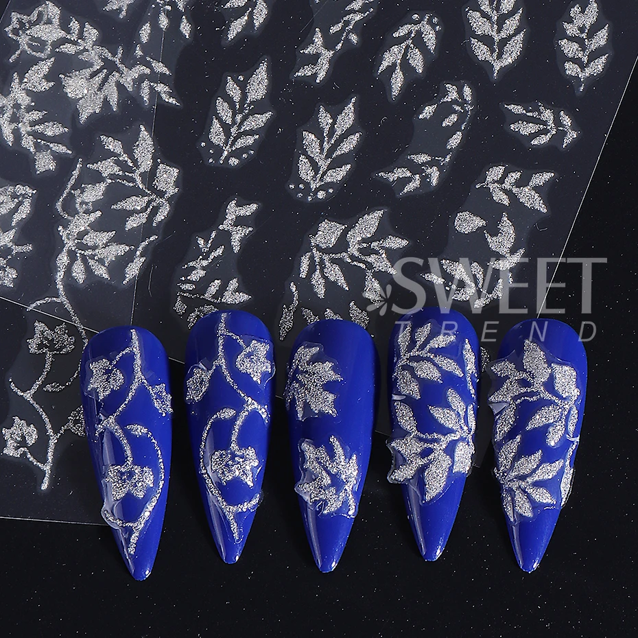 3pcs Glitter Gold Silver Leaf Nail Stickers Sparkling Simple Leaves Hibiscus Flower French Designs Nail Charms Decals Decoration
