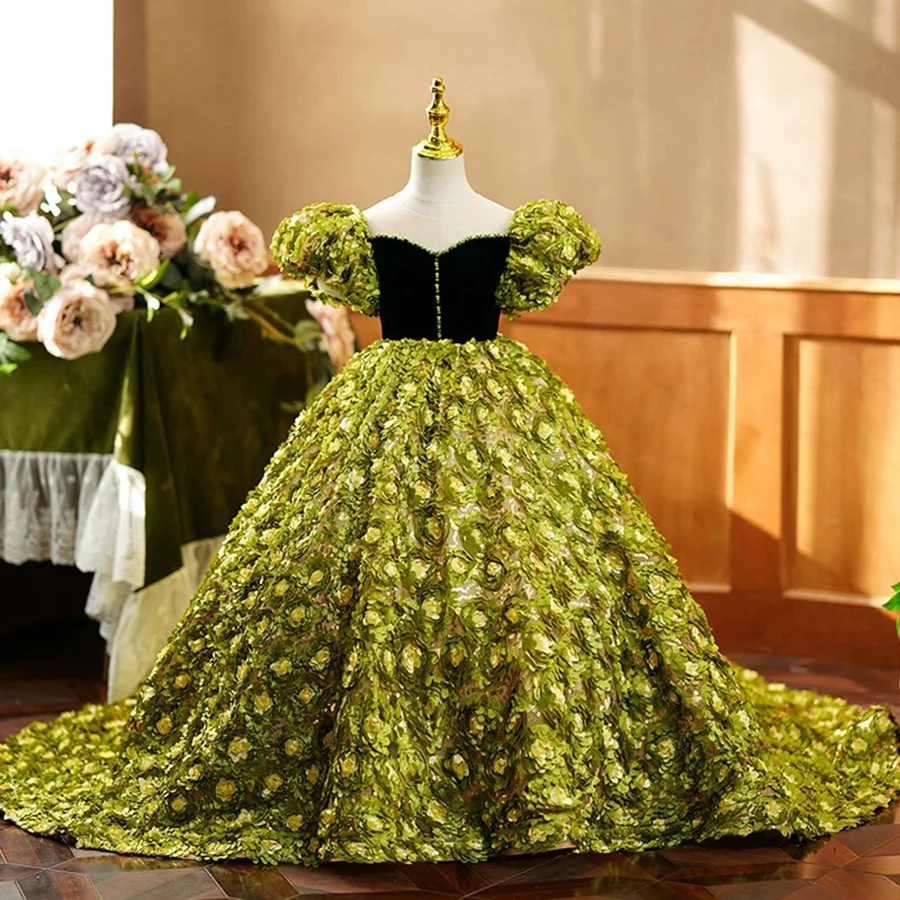 

High End Girls Puff Short Sleeve Occasion And Celebration Floor Dress 3 To 14 Years Teen Back Tie Appliques Prom And Gala Frock