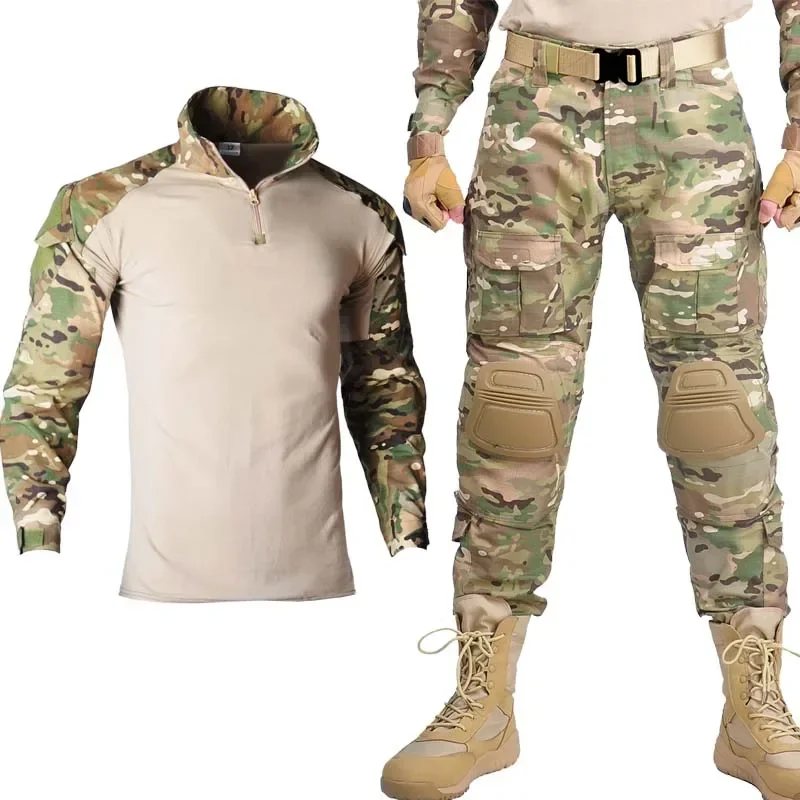 Men's Tactical Suit +Pads Combat Shirt Cargo Pants Military Uniform T-Shirts Sniper Combat Shirt Army Camo Outdoor Men Suits 6