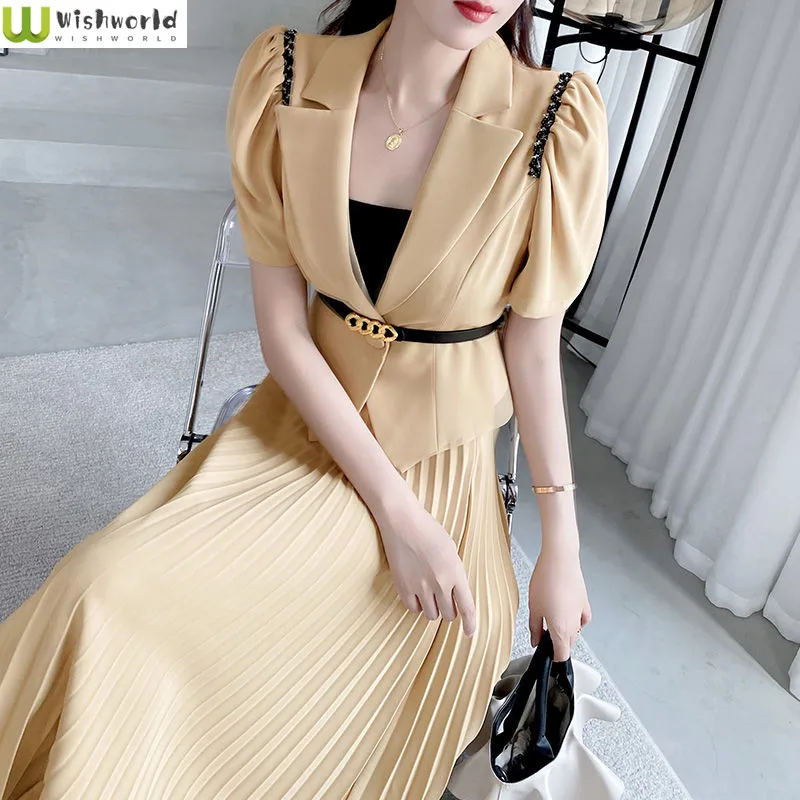 2022 New Spring and Summer Short Sleeved Suit Pleated Skirt Women's Suit Fashionable Temperament Commuter Skirt Two-piece Set top women s hot selling new spring and summer fashion casual slim temperament commuter four seasons formal coat