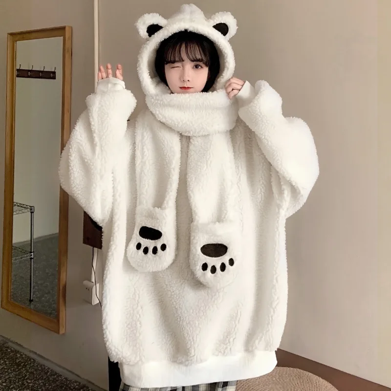 Faux Lamb Wool Bear Gloves Hooded Scarf Detachable Sweater Long-sleeved 2024 Autumn and Winter New Fashion Women's Clothing korean version of denim plus velvet jacket solid color fashion detachable hooded fleece warm lamb wool cotton padded jacket