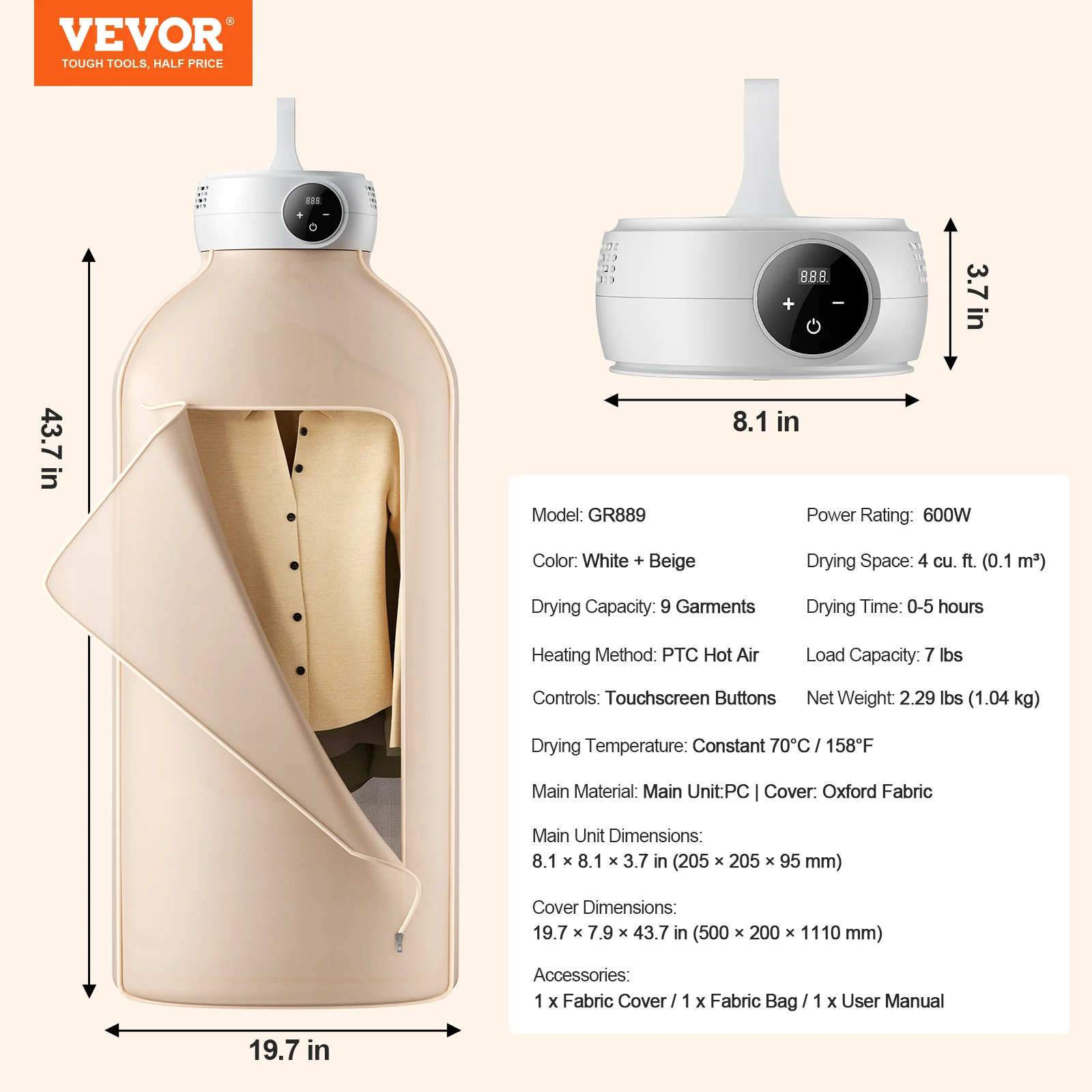 VEVOR Portable Clothes Dryer 600W Foldable with Dryer Bag 5-H Timer & LED Display for Apartments Dorms RVs or Hotels