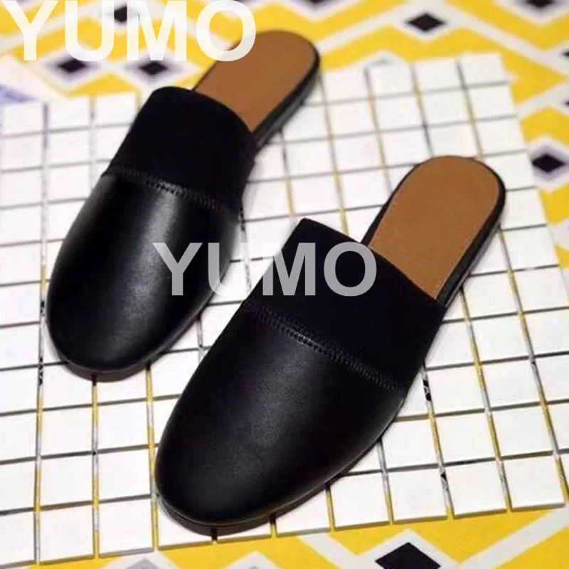 

2023 Autumn Winter Flat Leather Slippers Half Slides Round Toe Outdoor Slides Fashion Shoes Designer Sewing Ladies Mules Size 42