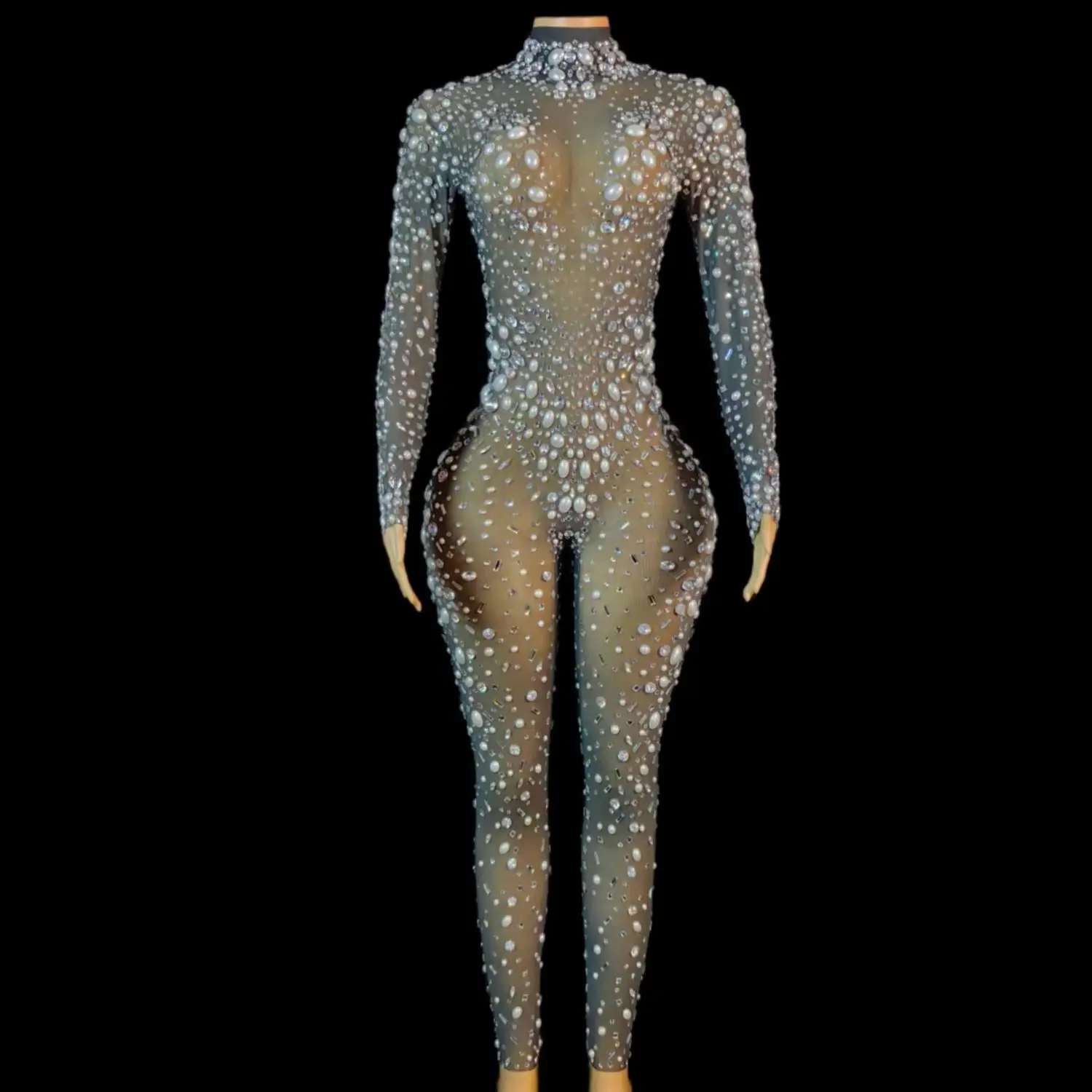 Mono Mujer Sexy Pearls Sequin One Piece Bodysuit Club Rompers Women Music Festival Outfits Ladies Skinny Rhinestone Jumpsuits 5