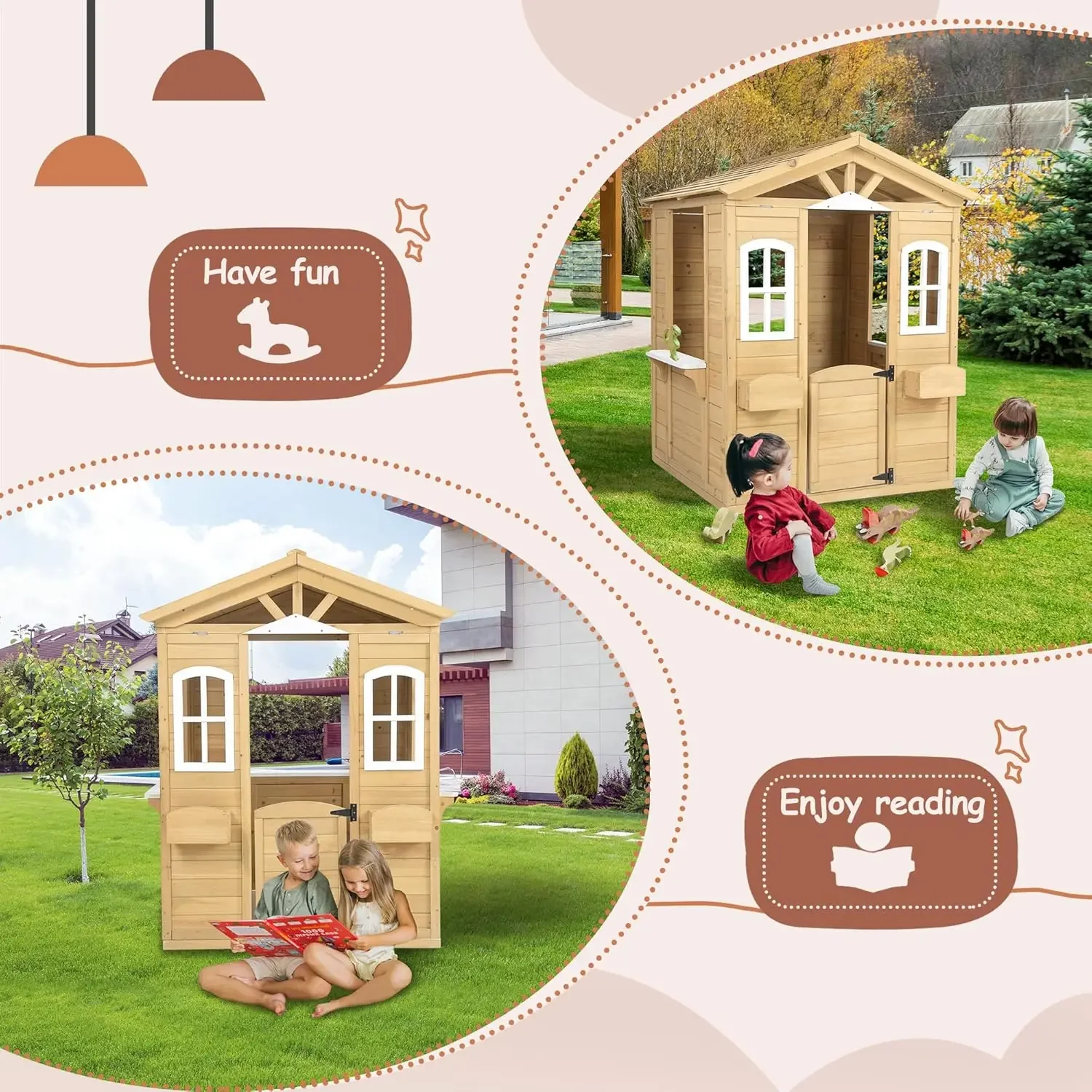 Wooden Playhouse for Kids Outdoor,Kids Playhouse with Working Door, Windows, Mailbox,Flowers Pot Holder & Serving Station,