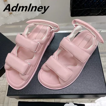 2022 New Arrival Beach Flat Sandal for Woman Open Toe Green Pink Real Leather Thick Sole Holiday Sandal Comfort Platform Shoe 5