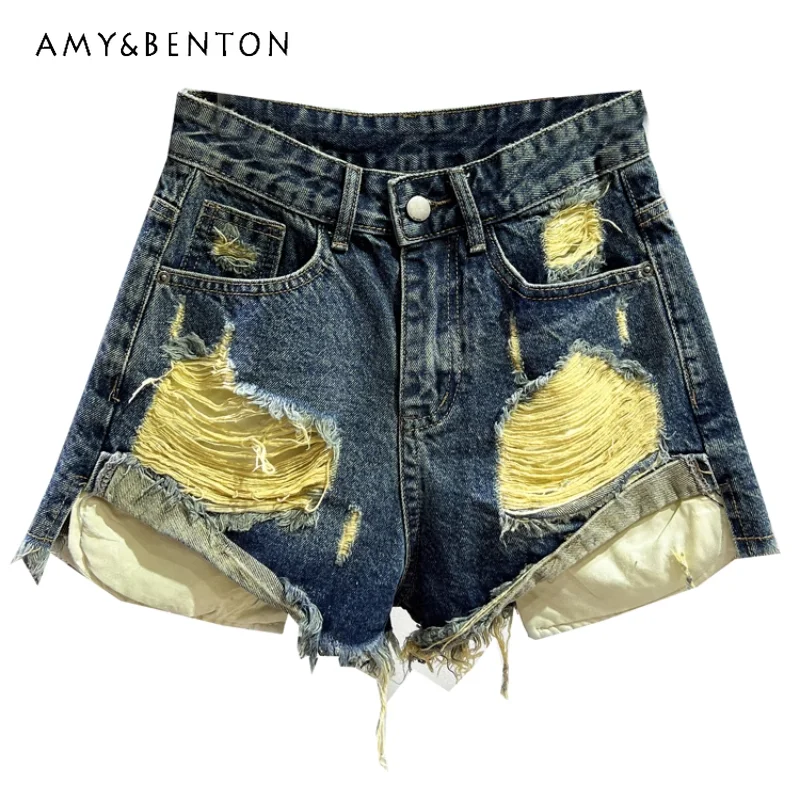 

Retro Blue High Waist Ripped Denim Shorts Women's Summer 2023 New Baggy Short Jeans Pocket A- Line Curling Hot Pants