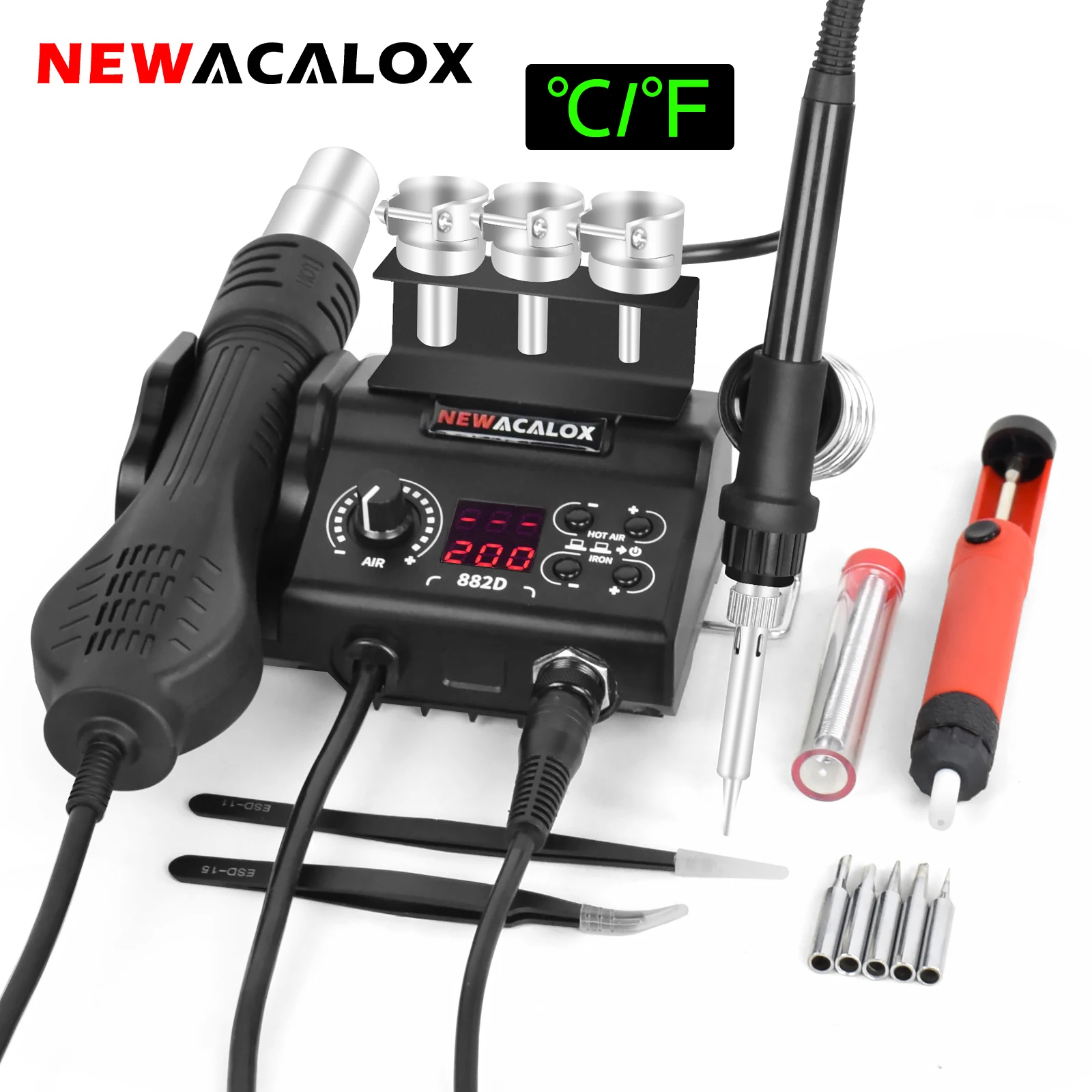 NEWACALOX 2 in 1 Soldering Station °C/℉ Display Welding Rework Station For PCB Repair Phone Board Welding Repair Tool °C/℉