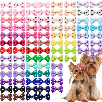 100pcs Handmade Dog Hair Bows with Rubber Bands – Solid & Polka Dot 1