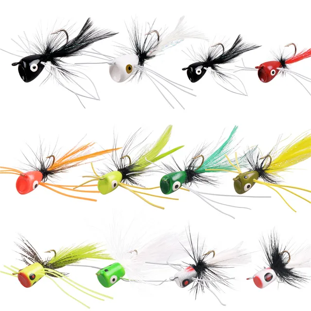 12PCS Foam popper heads fly tying Saltwater Flies Fishing Jig bait with  barb Fishhooks For Bass Walleye Panfish Tackle