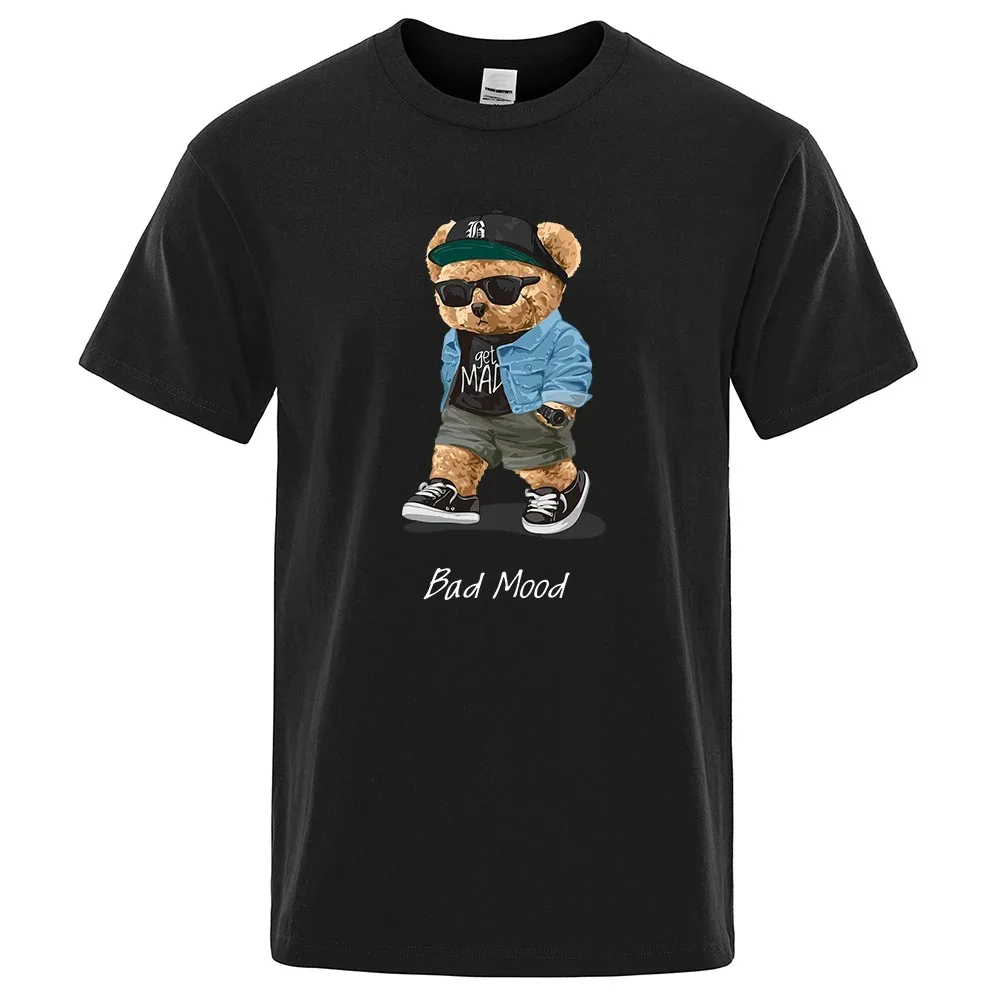 

Summer Men's Casual T-Shirt Becomes Crazy Bad Mood Walking Silent Teddy Bear Short Sleeve Cotton Hip Hop Loose Oversized Top