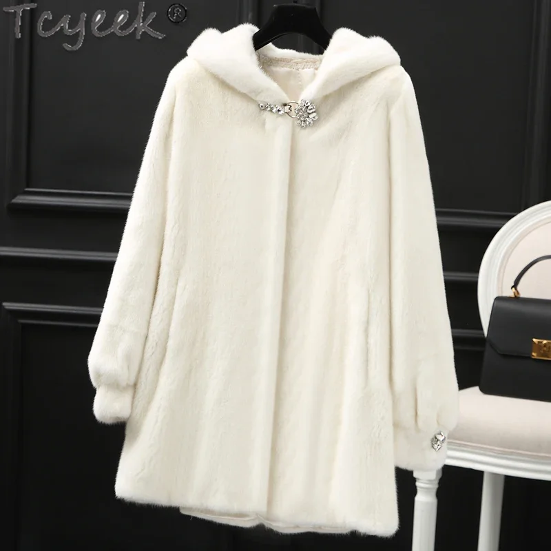 

Tcyeek Women's Winter Coats White Mink Fur Coat Fashion Women Clothes Warm Mid-length Hooded Fur Jackets Jaqueta Feminina Lq