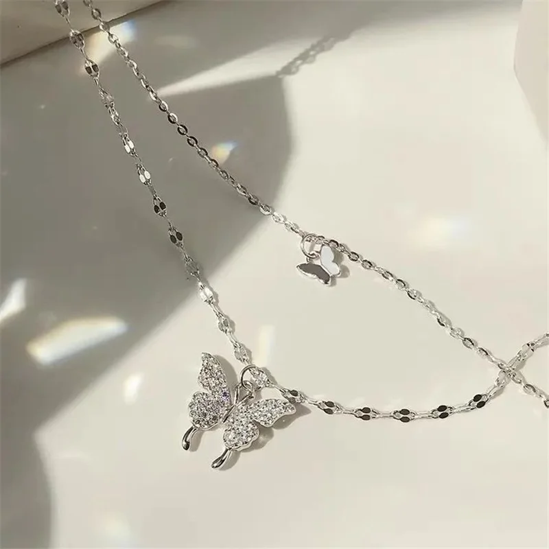 Double Layer Shiny Butterfly Cute Necklace Fashion Women's Temperament Clavicle Chain Romantic All-match Jewelry For Ladies Gift