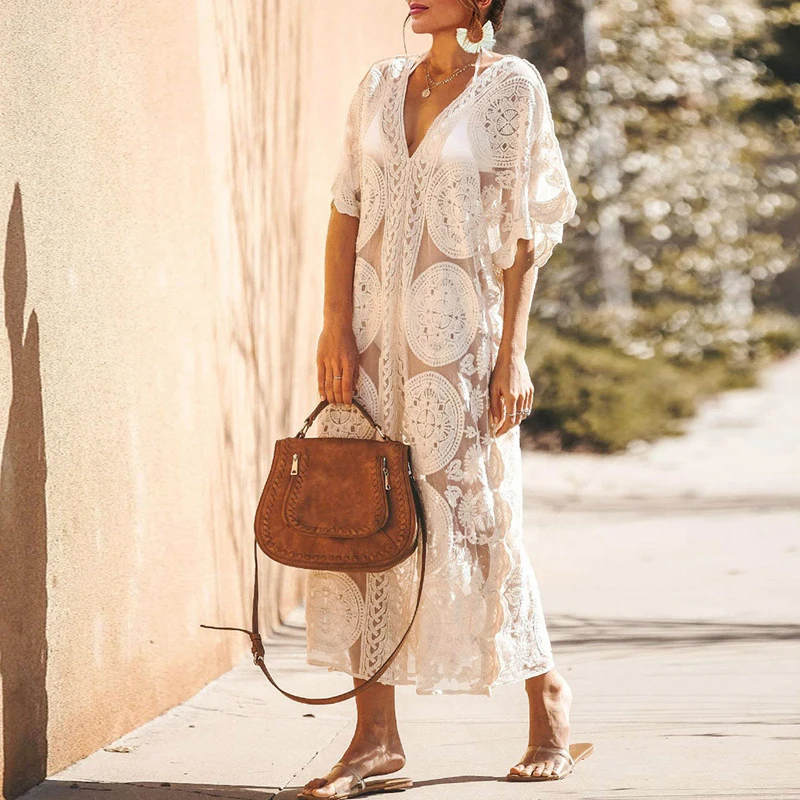 Summer New Kaftan Robes Sexy Solid Color Lace Hollow Bikini Cover-up Fashion V Neck Batwing Sleeve Transparent Sunscreen Dresses 5