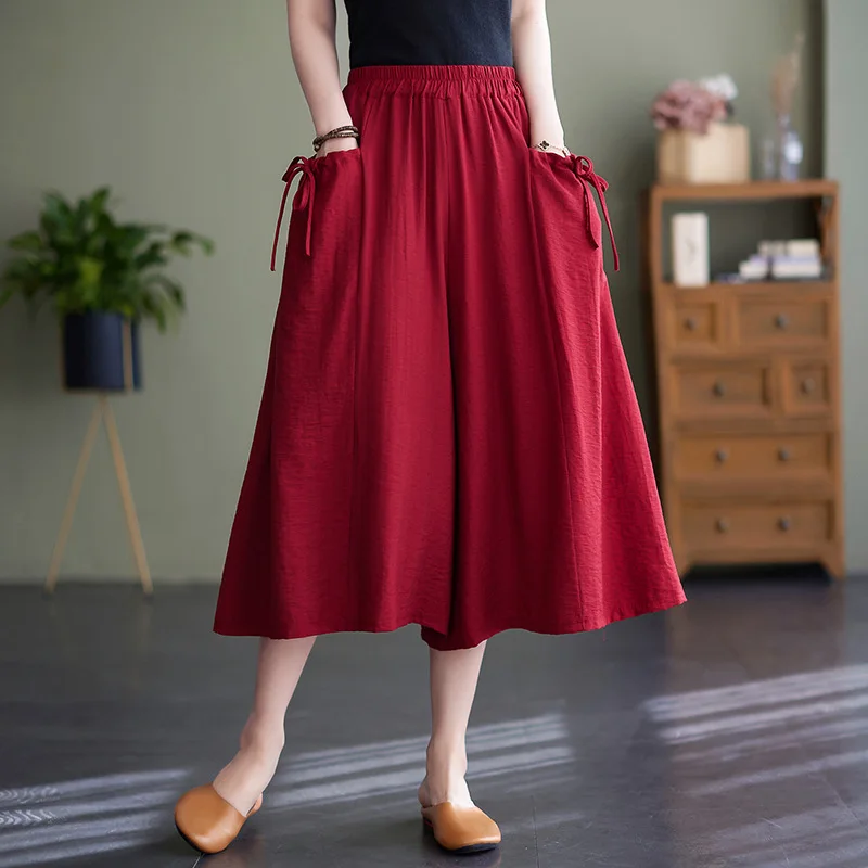 New Ice Shreds Cotton and Linen Wide Legs Women 2024 Summer Loose Large Size Solid Color Casual Multiple Colour Cropped Pants