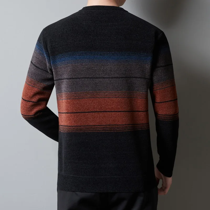 2023 Autumn and Winter New Men's Sweater Contrast Stripe Pullover with Plush and Thickened Chenille Round Neck Sweater Knit Top