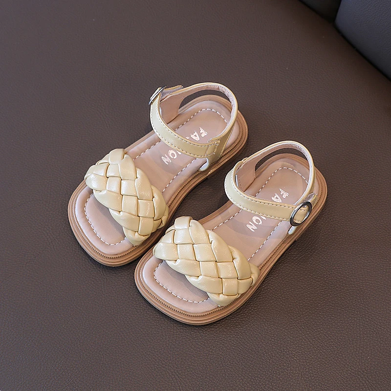 Toddler Shoes Girl Summer Braided Vacation Square Toe Cute Children Sandals 21-36 Pu Leather Fashion Kids Sliders