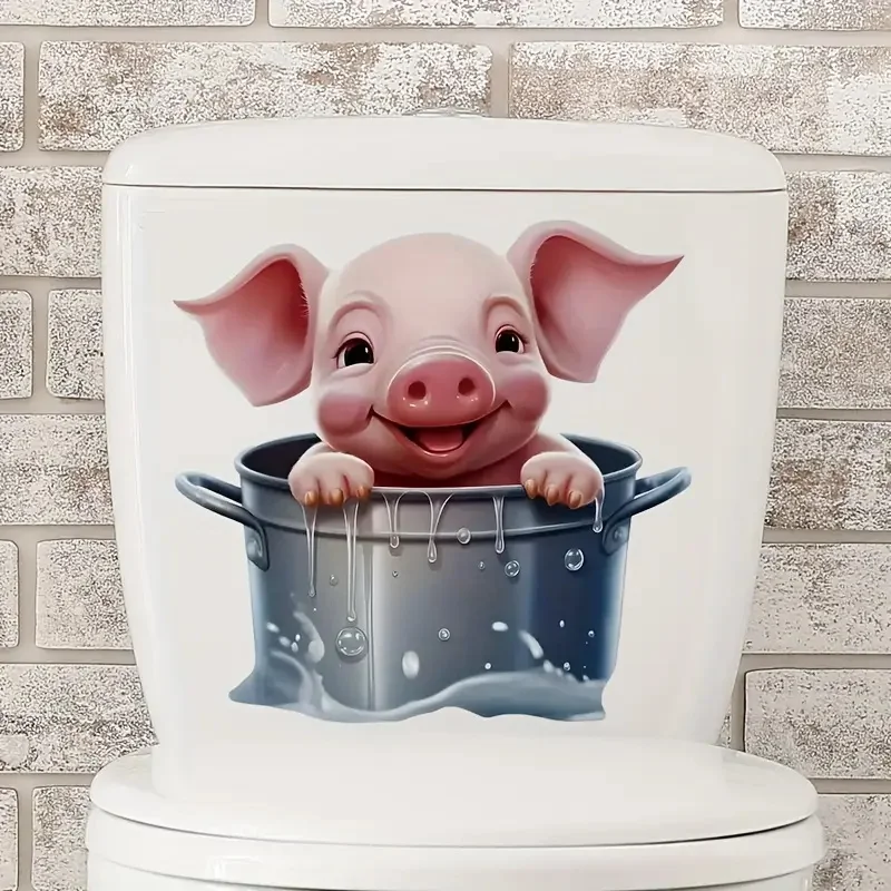 Adorable Cartoon Pig in Bucket Self-Adhesive Wall Decal Removable, Reusable PVC Sticker for Toilet Lid, Bathroom Decor