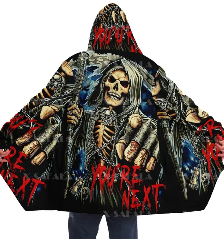 Thick Warm Hooded Cloak for Men  Skull Death Praying Overcoat Coat 3D Print Windproof Fleece Cape Robe Hooded Blanket-1