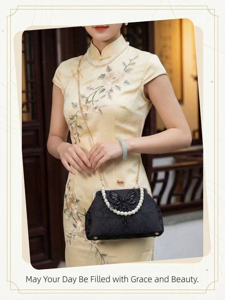 Chinese Style Butterfly Embroidery Clutch Vintage Lace Kiss Lock Handbag Elegant Evening Bag with Gold Chain for Women